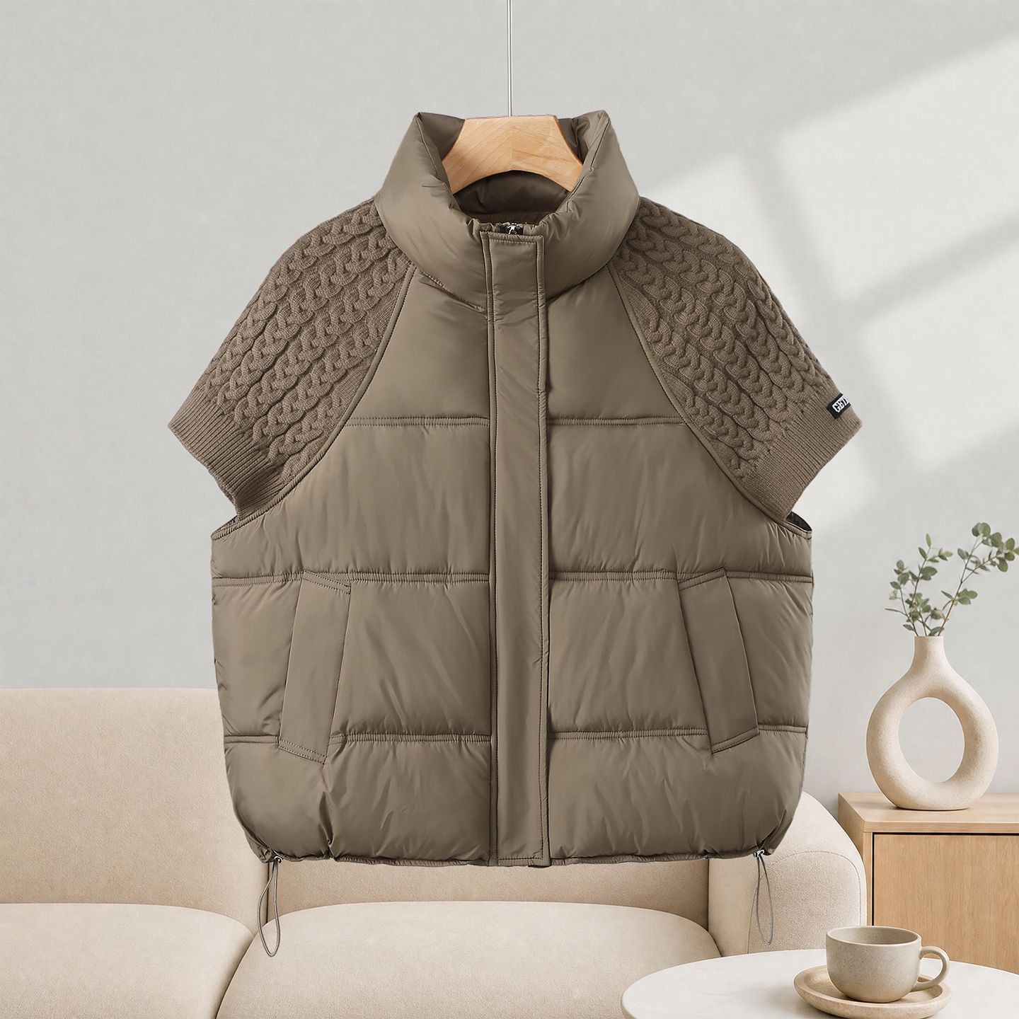 Puffer Vest Padded - Women Stylish Knit Spliced Cropped Puffer
