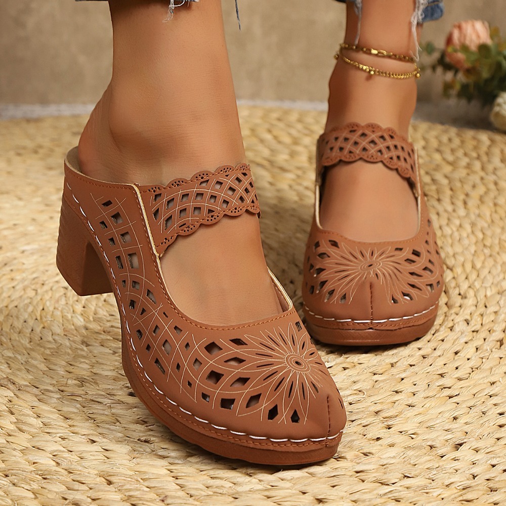 Street Fashion Dress - Women Hollow Cutout Mules Chunky Block