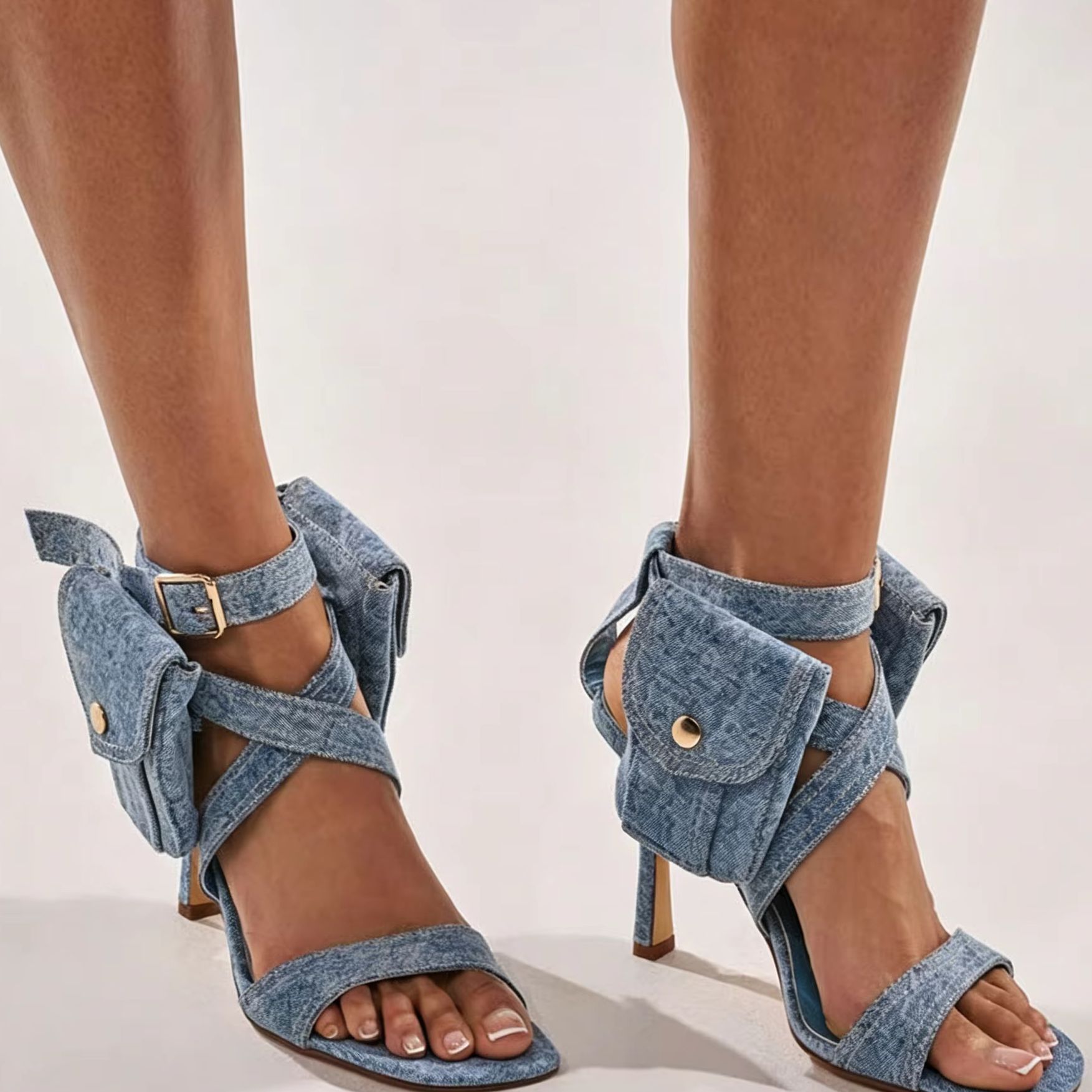 Street Fashion Dress - Women Blue Denim Pocket Ankle Strap